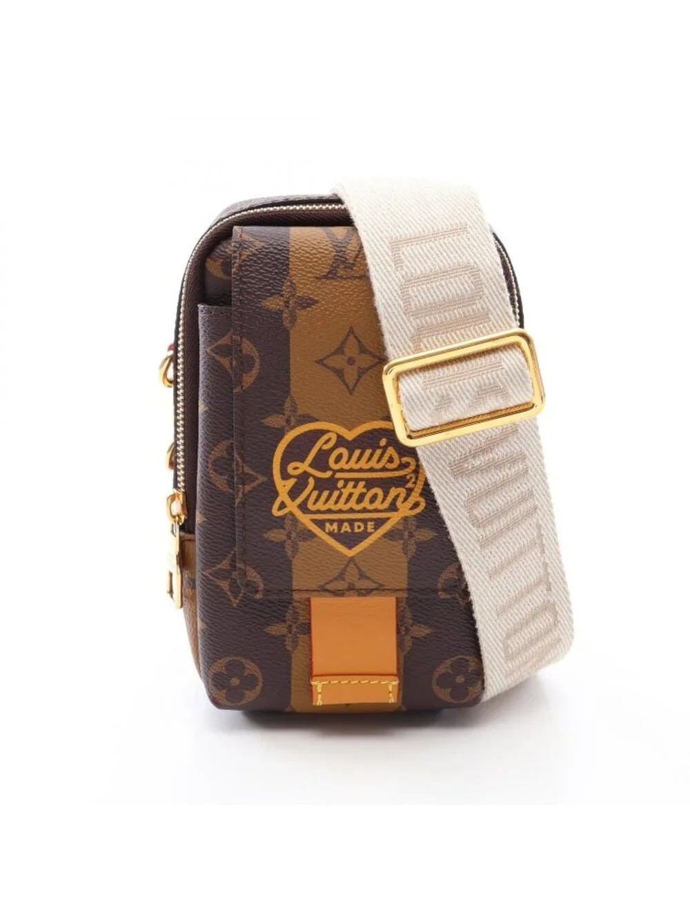 Louis Vuitton Shoulder Bag Double Phone Pouch Monogram Stripe Canvas Leather LV